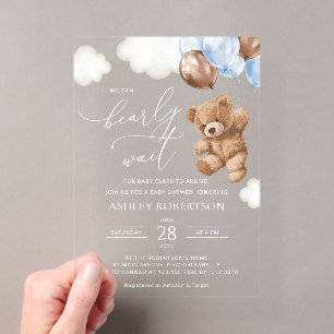 Invitations En Acrylique Nounours, Bébé Ours, Ballons Bleus, Baby Shower