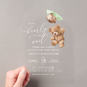 Invitations En Acrylique Nounours, bébé ours, ballons verts, Baby Shower