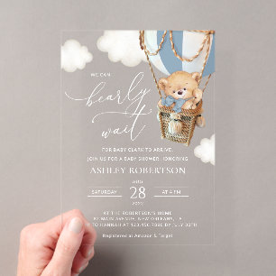 Invitations En Acrylique Nounours en peluche, ballon à air chaud bleu, Baby