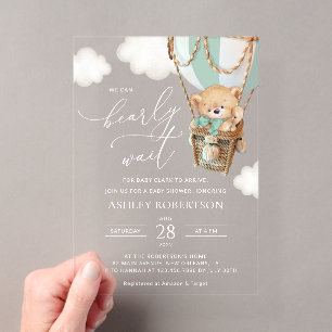 Invitations En Acrylique Nounours en peluche, ballon à air chaud vert, Baby