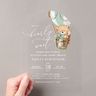 Invitations En Acrylique Nounours en peluche, ballon à air chaud vert, Baby