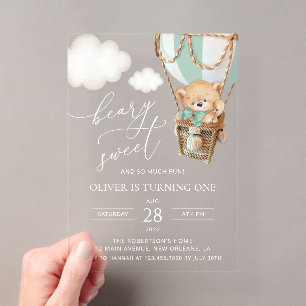 Invitations En Acrylique Nounours en peluche, ballon à air chaud vert, prem