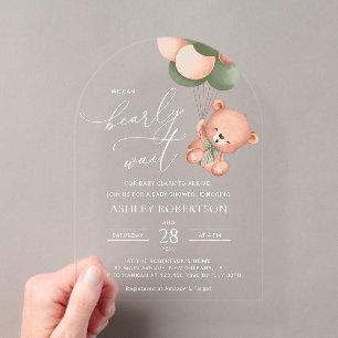Invitations En Acrylique Nounours, Ours en peluche, Ballons verts, Baby Sho