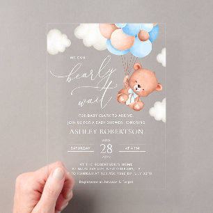 Invitations En Acrylique Nounours, Ourson, Ballons Bleus, Baby Shower
