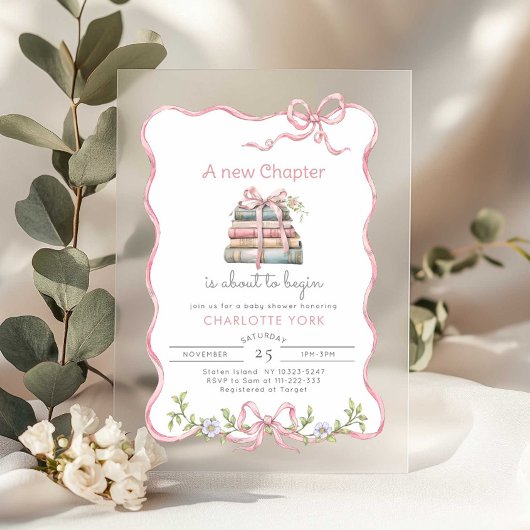 Invitations En Acrylique Nouveau chapitre Storybook baby shower Bow rose
