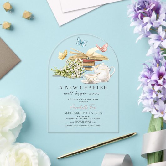 Invitations En Acrylique Nouveau Chapitre Tea Set Papillons Livre Baby show (Insitu (Mariage))