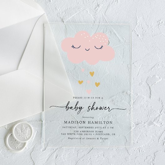 Invitations En Acrylique Nuage mignon et Coeurs Baby shower rose et or