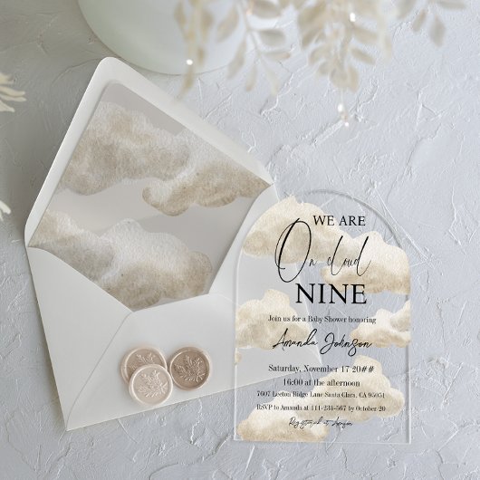 Invitations En Acrylique Nuage Neuf Beige Genre Neutre Ciel Baby shower