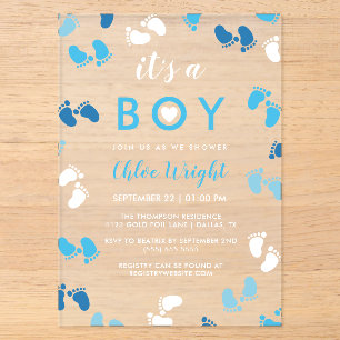 Invitations En Acrylique Nuances de bleu C'est un garçon Empreintes de bébé
