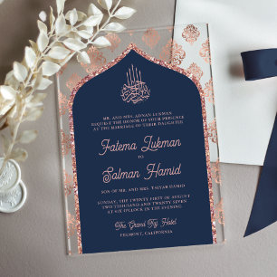 Invitations En Acrylique Nuit Bleue Rose Doré Damas Archée Mariage Musulman