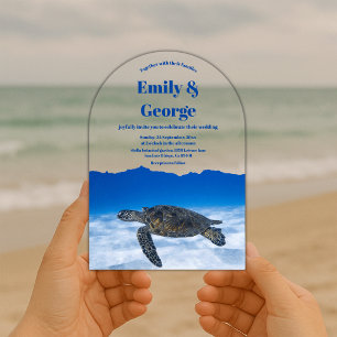 Invitations En Acrylique Nuit Bleue sous le Tortue de Mer Mariage Côte
