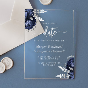 Invitations En Acrylique Nuit de noces bleu marine argenté Fleurs Save the 