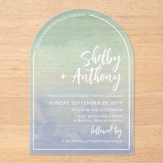 Invitations En Acrylique Ocean Mist Blue Turquoise Arch Frame Mariage (Recto)
