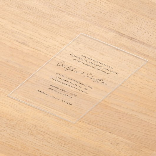 Invitations En Acrylique Odelphie Script moderne minimal mariage élégant (Poser)