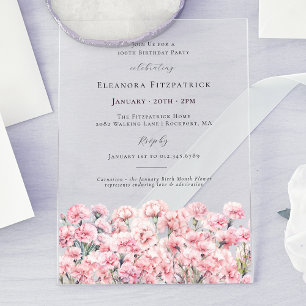 Invitations En Acrylique Œillet rose pour les 100 ans en janvier, fleur de