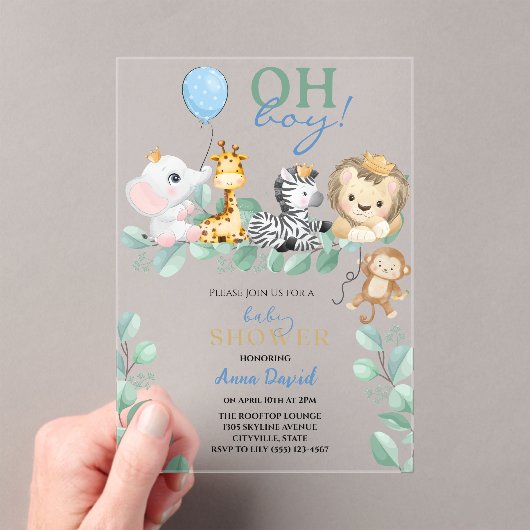 Invitations En Acrylique Oh Boy Cute Safari Jungle Animaux Baby shower (In situ (ordinateur de poche))