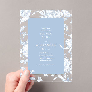 Invitations En Acrylique Oiseau Bleu de France Botanique Fleurs de Mariage