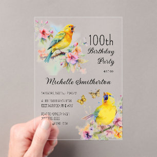Invitations En Acrylique Oiseaux Vintage Canaris Fleurs 100e Anniversaire