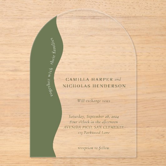 Invitations En Acrylique Olive foncé Vert moderne Wavy Mariage rétro (Recto)
