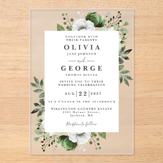 Invitations En Acrylique Olive Green Élégant Mariage Floral moderne (Recto)