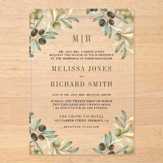 Invitations En Acrylique Olive Leaves Formal Wedding (Recto)