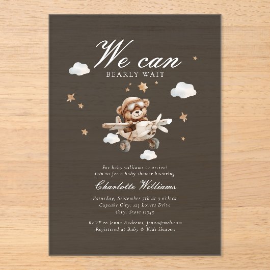 Invitations En Acrylique On Peut Attendre ! Ours et avion en peluche (Recto)