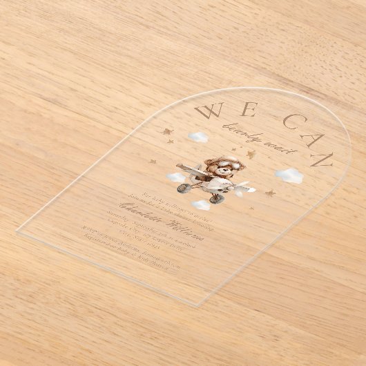 Invitations En Acrylique On Peut Attendre ! Ours et avion en peluche (Poser)