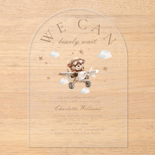 Invitations En Acrylique On Peut Attendre ! Ours et avion en peluche (Recto)