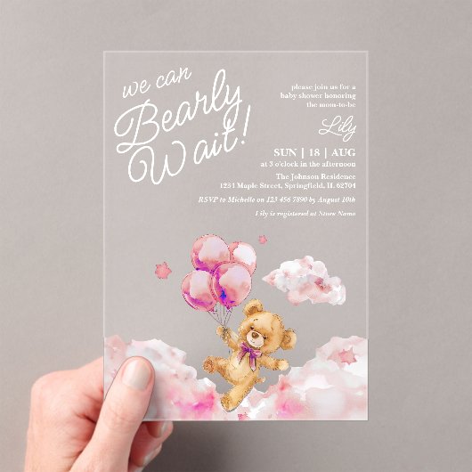 Invitations En Acrylique On Peut Attendre Teddy Baby shower Fille Rose (In situ (ordinateur de poche))