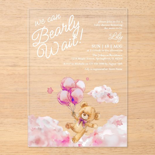 Invitations En Acrylique On Peut Attendre Teddy Baby shower Fille Rose (Recto)