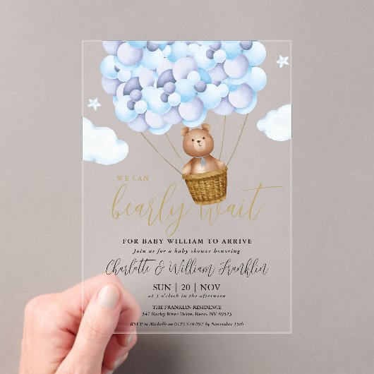 Invitations En Acrylique On Peut Attendre Teddy Bear Blue Boy Baby shower (In situ (ordinateur de poche))