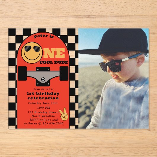 Invitations En Acrylique One Cool Dude 1st First Birthday Skateboard Photo (Recto)
