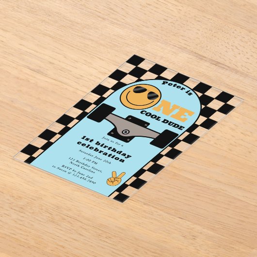 Invitations En Acrylique One Cool Dude Invite 1st First Birthday Skateboard (Poser)
