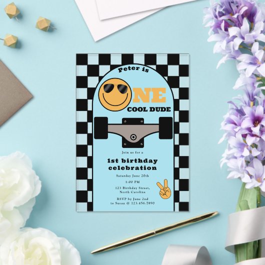 Invitations En Acrylique One Cool Dude Invite 1st First Birthday Skateboard (Insitu (Mariage))
