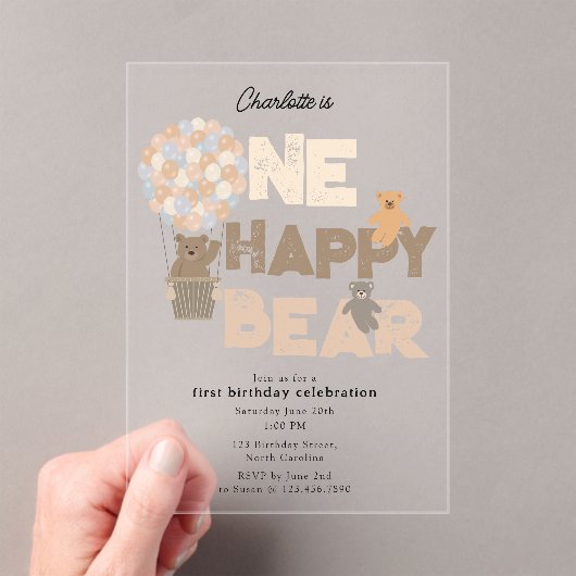 Invitations En Acrylique One Happy Bear Invite 1st First Birthday Cute (In situ (ordinateur de poche))