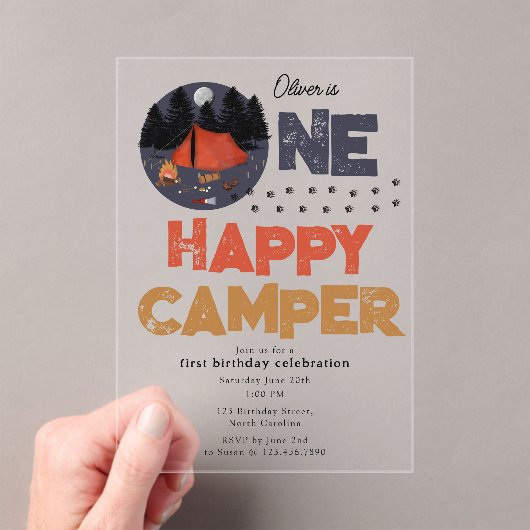 Invitations En Acrylique One Happy Camper Invite 1st Summer Birthday (In situ (ordinateur de poche))