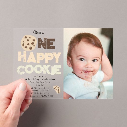 Invitations En Acrylique One Happy Cookie Invite 1st First Birthday Photo (In situ (ordinateur de poche))