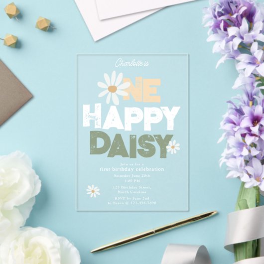 Invitations En Acrylique One Happy Daisy Invite 1st First Birthday Cute (Insitu (Mariage))
