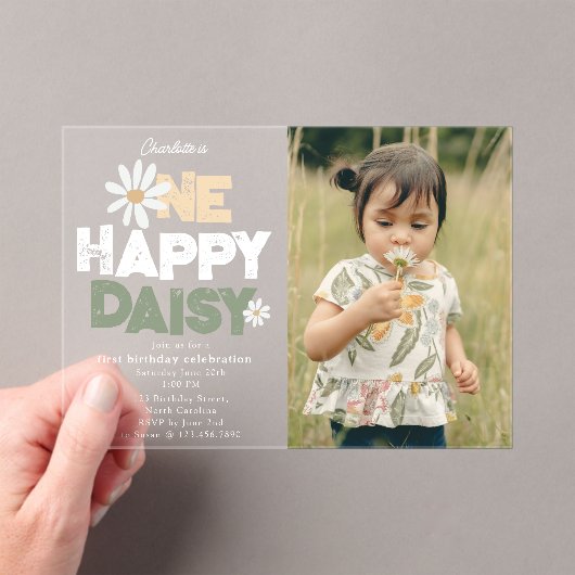 Invitations En Acrylique One Happy Daisy Invite 1st First Birthday Photo (In situ (ordinateur de poche))