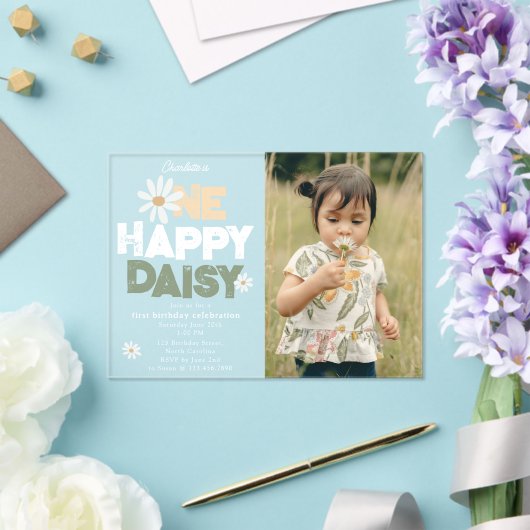 Invitations En Acrylique One Happy Daisy Invite 1st  First Birthday Photo (Insitu (Mariage))
