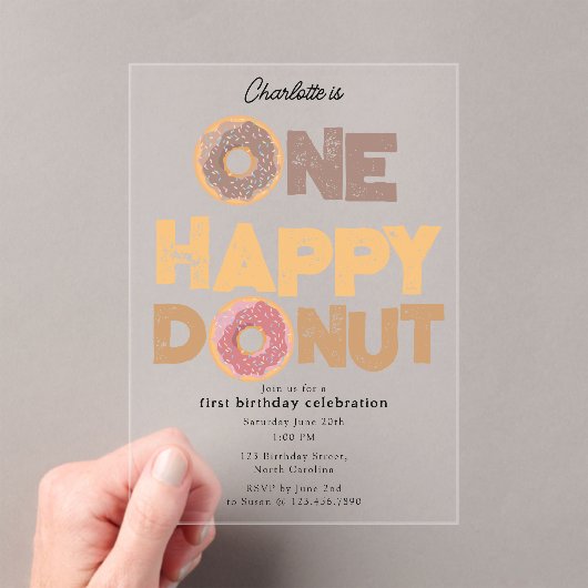 Invitations En Acrylique One Happy Donut Invite 1st  First Birthday Cute (In situ (ordinateur de poche))