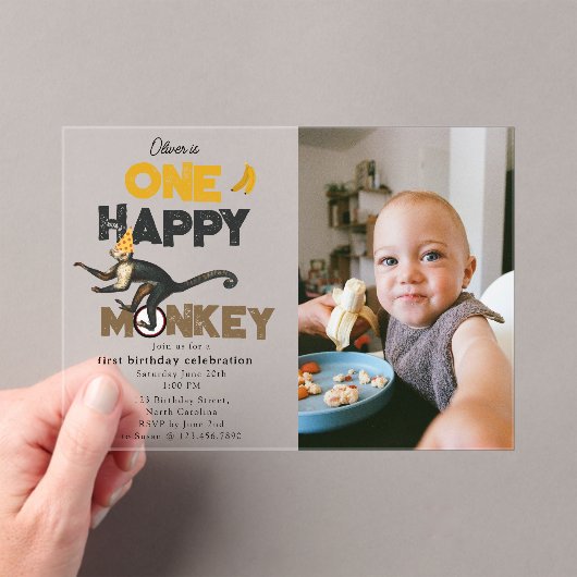 Invitations En Acrylique One Happy Monkey Cute 1st First Birthday Photo (In situ (ordinateur de poche))