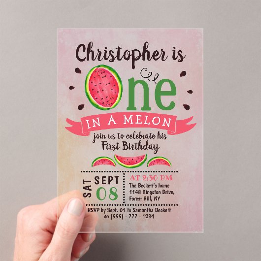 Invitations En Acrylique One In A Melon 1er Anniversaire (In situ (ordinateur de poche))