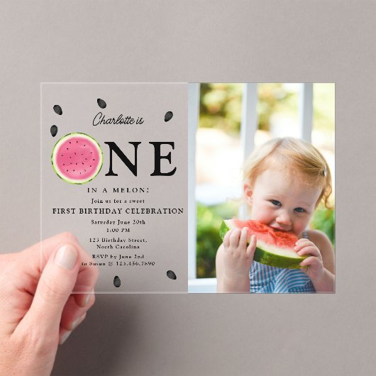 Invitations En Acrylique One in a Melon Watermelon Summer Photo Anniversair (In situ (ordinateur de poche))