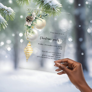 Invitations En Acrylique Or baies blanches Noël doré givré