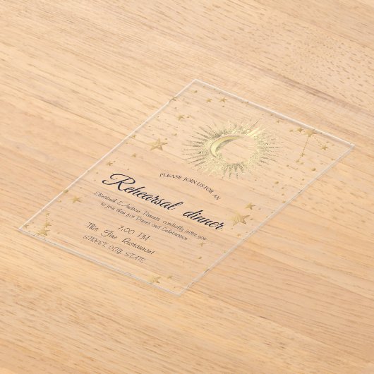 Invitations En Acrylique Or céleste Soleil, Lune, Etoiles Aquarelle (Poser)