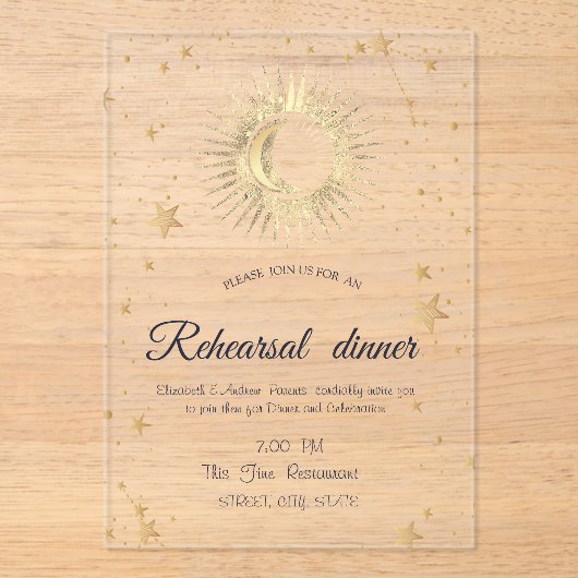 Invitations En Acrylique Or céleste Soleil, Lune, Etoiles Aquarelle (Recto)