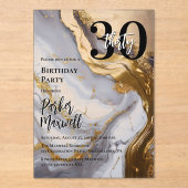 Invitations En Acrylique Or élégant | Marbre blanc Moderne 30 Anniversaire (Recto)