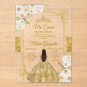 Invitations En Acrylique Or et blanc Floral Anniversaire Couronne Mis Quinc (Recto)