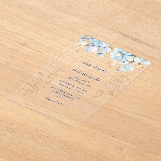 Invitations En Acrylique Or floral bleu poussiéreux (Poser)